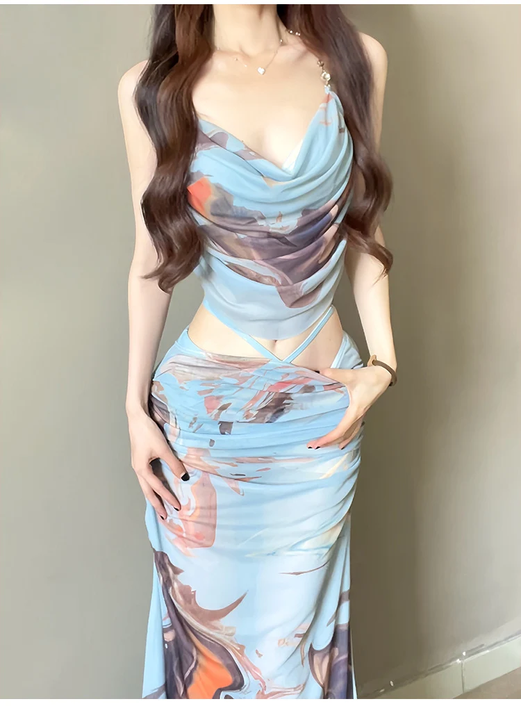 Hot Girl Bikini Swimsuit Female Three-Piece Seaside Vacation Long Skirt Small Breast Push-Up with Underwire Sexy Hot Spring Swimsuit