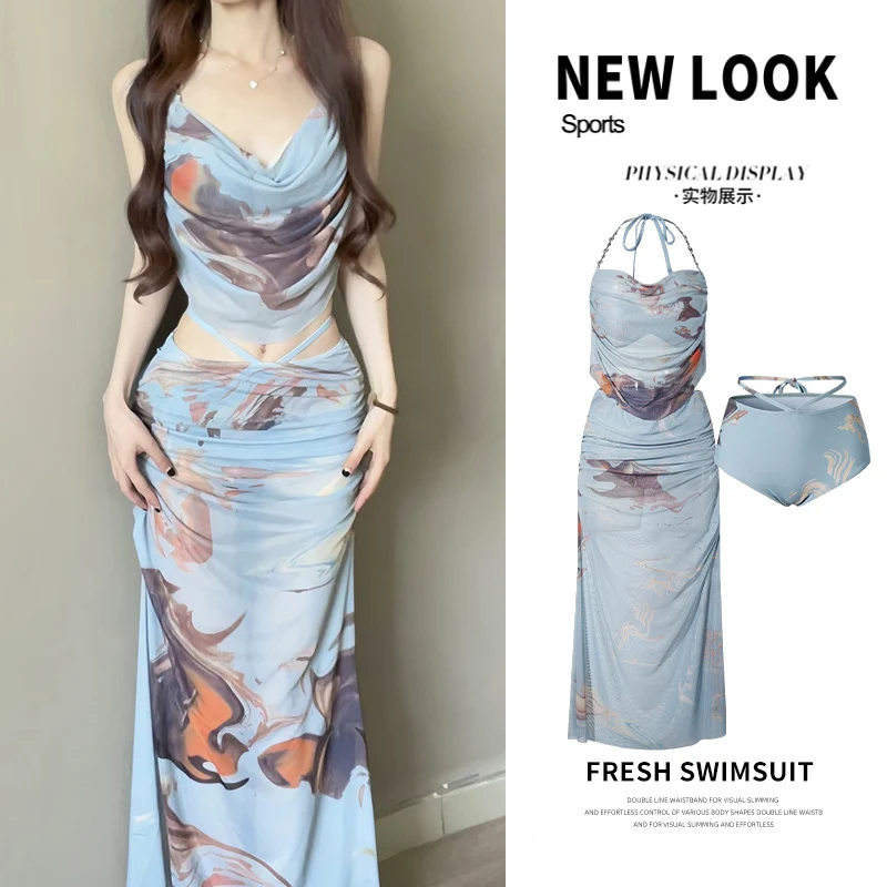 Hot Girl Bikini Swimsuit Female Three-Piece Seaside Vacation Long Skirt Small Breast Push-Up with Underwire Sexy Hot Spring Swimsuit