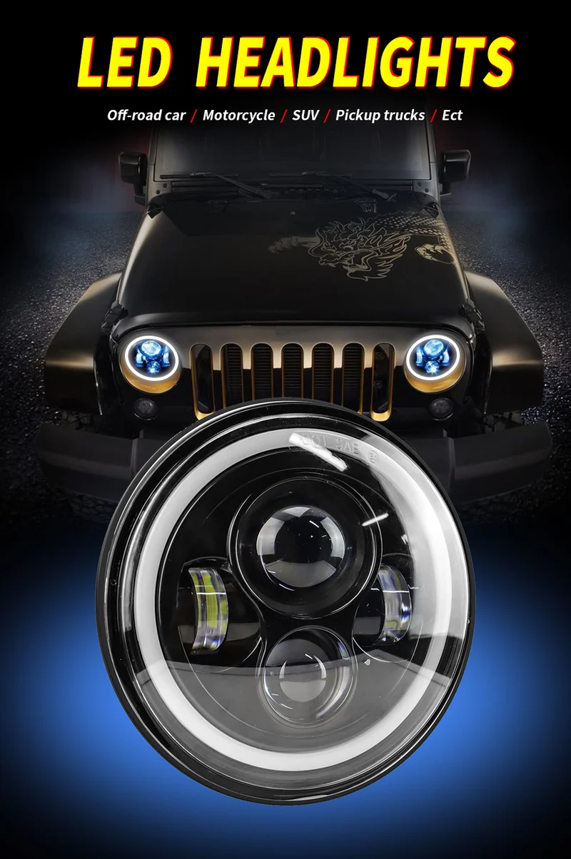 Car Led Headlights 7inch Wrangler Angel Eye Headlights Harley Motorcycle 60W Super Bright Headlights
