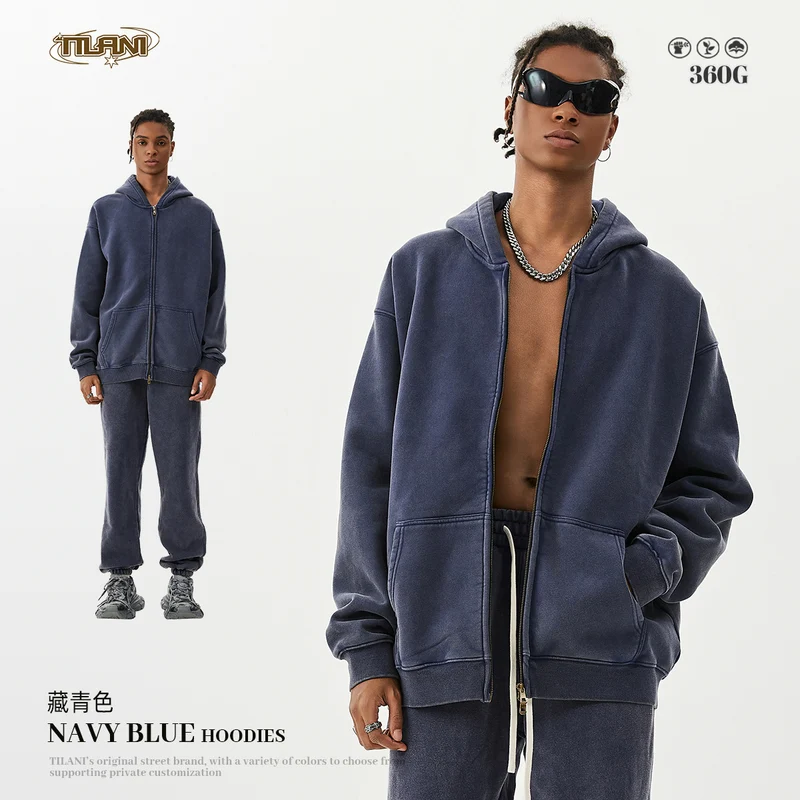 TILANI men's sweater cardigan fleece-lined thickened zipper coat 360g washed vintage waxed casual hoodie