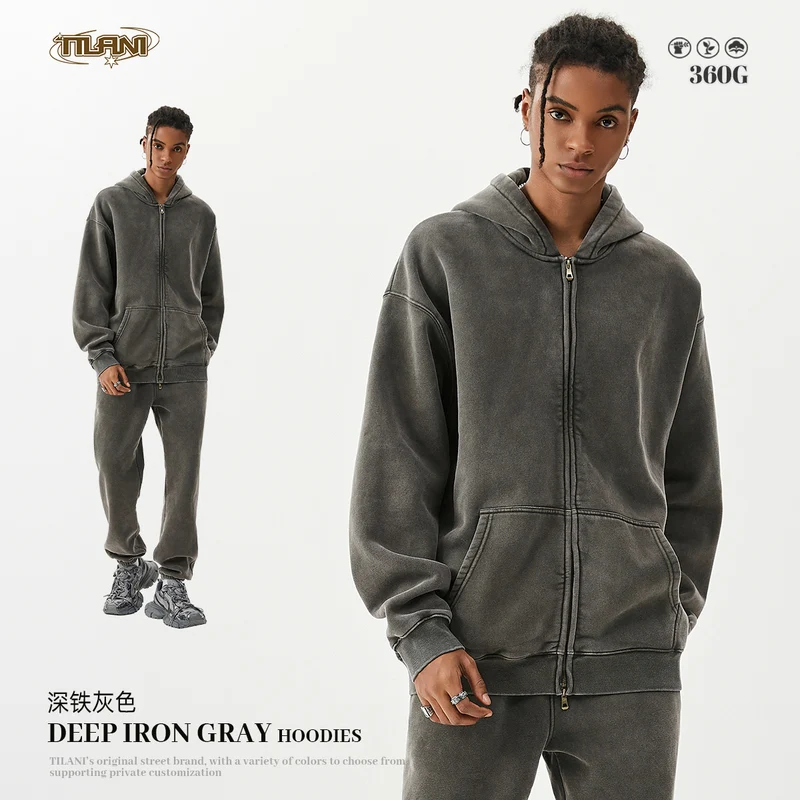 TILANI men's sweater cardigan fleece-lined thickened zipper coat 360g washed vintage waxed casual hoodie
