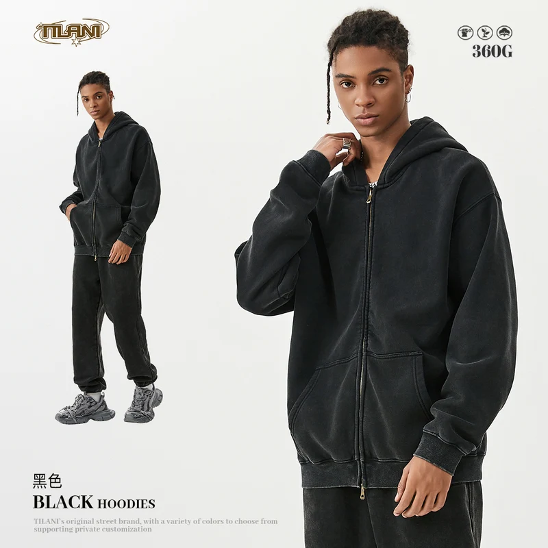 TILANI men's sweater cardigan fleece-lined thickened zipper coat 360g washed vintage waxed casual hoodie