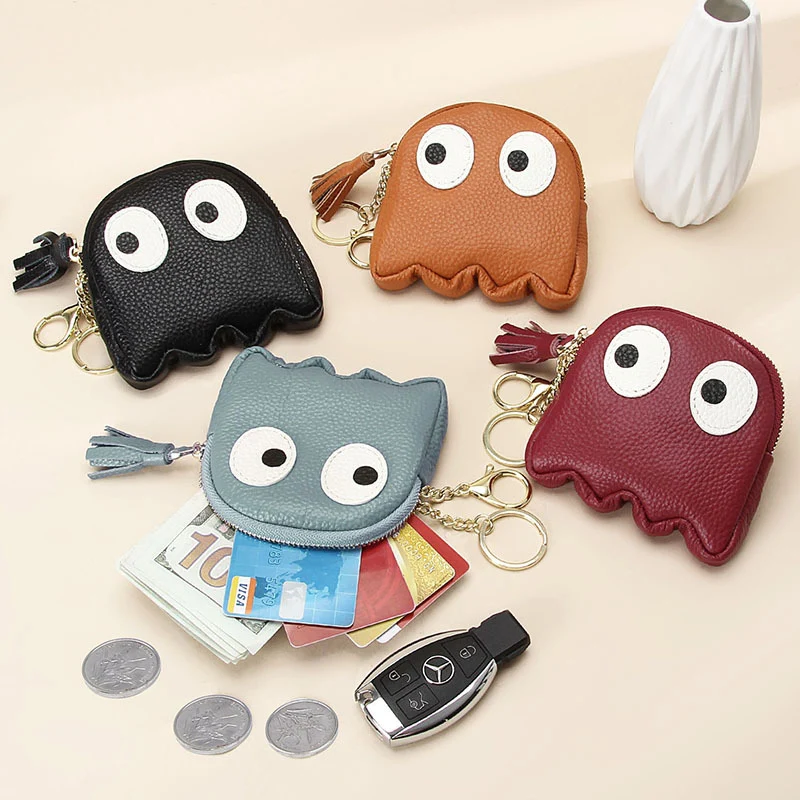 First Layer Cowhide Zipper Small Wallet Korean Style Simple Mini Keychain Coin Storage Bag Genuine Leather Coin Purse for Women