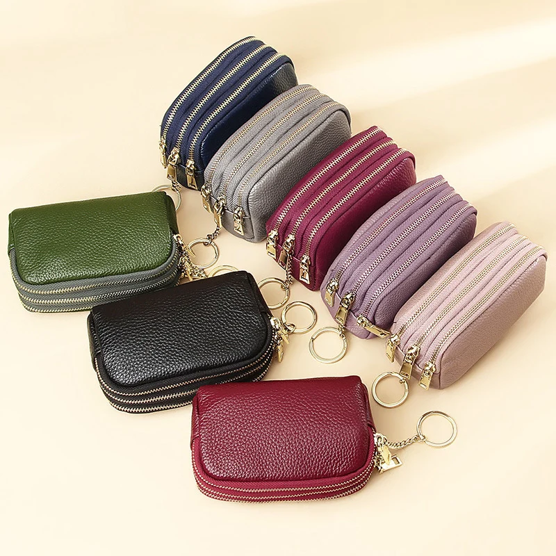 First Layer Cowhide Zipper Small Wallet Korean Style Simple Mini Keychain Coin Storage Bag Genuine Leather Coin Purse for Women