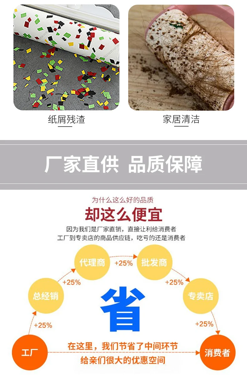 24cm sticky hair roller tearable sticky dust roll paper pet hair removal brush hair roll paper replacement core factory wholesale