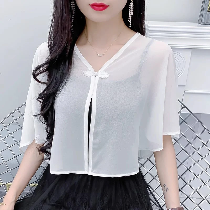 Thin Small Shawl Summer Dress with Sling Skirt Air-conditioning Shirt Women's Cardigan Outer Chiffon Ethnic Style Silver Buckle Small Coat