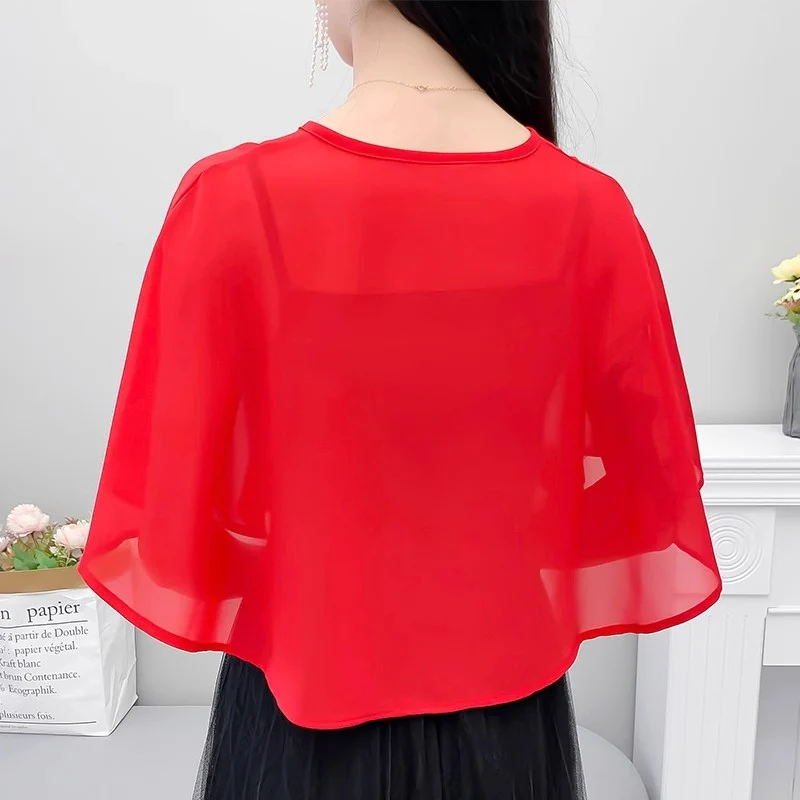 Thin Small Shawl Summer Dress with Sling Skirt Air-conditioning Shirt Women's Cardigan Outer Chiffon Ethnic Style Silver Buckle Small Coat