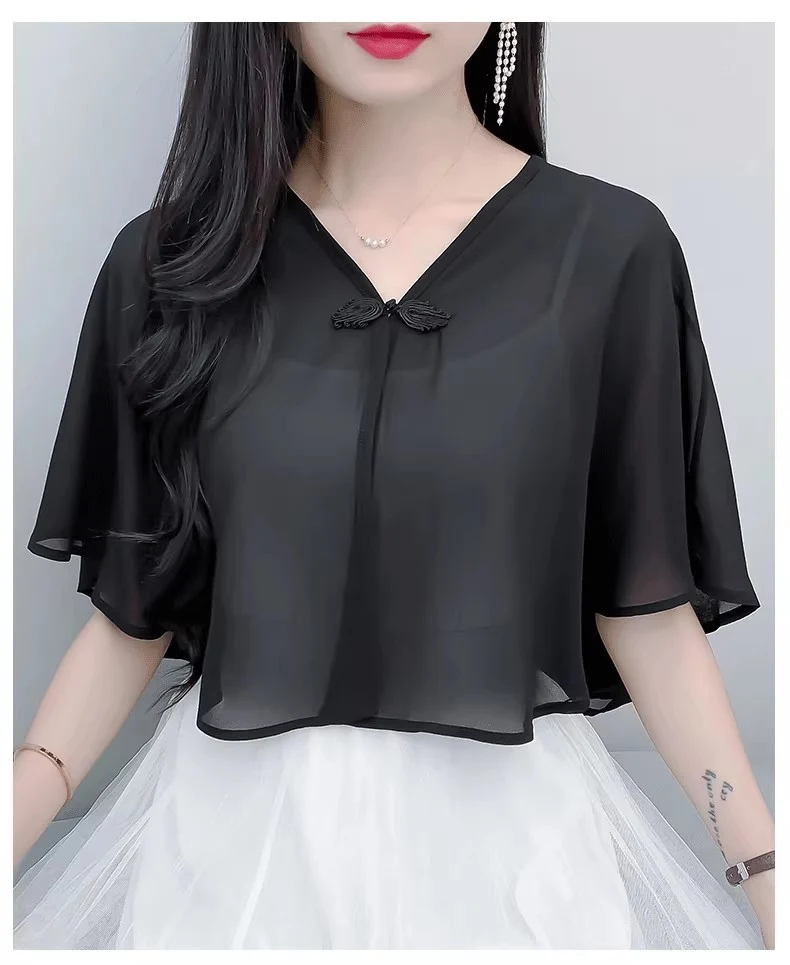 Thin Small Shawl Summer Dress with Sling Skirt Air-conditioning Shirt Women's Cardigan Outer Chiffon Ethnic Style Silver Buckle Small Coat