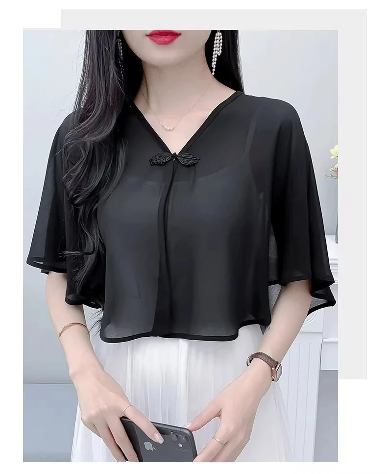 Thin Small Shawl Summer Dress with Sling Skirt Air-conditioning Shirt Women's Cardigan Outer Chiffon Ethnic Style Silver Buckle Small Coat