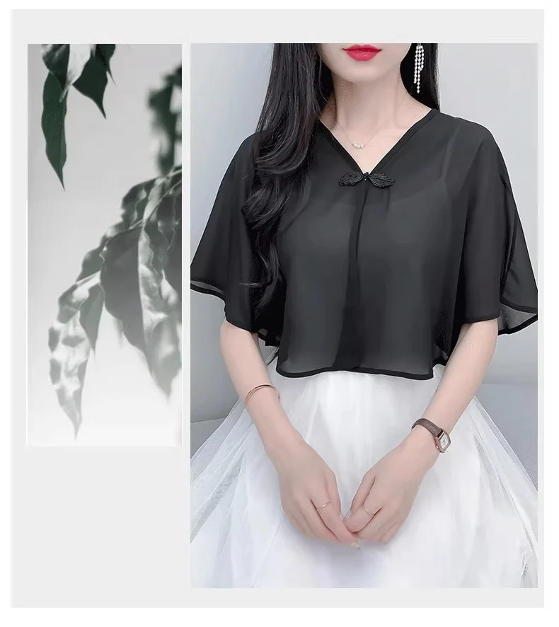 Thin Small Shawl Summer Dress with Sling Skirt Air-conditioning Shirt Women's Cardigan Outer Chiffon Ethnic Style Silver Buckle Small Coat