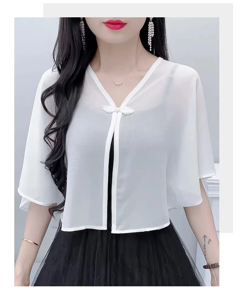 Thin Small Shawl Summer Dress with Sling Skirt Air-conditioning Shirt Women's Cardigan Outer Chiffon Ethnic Style Silver Buckle Small Coat