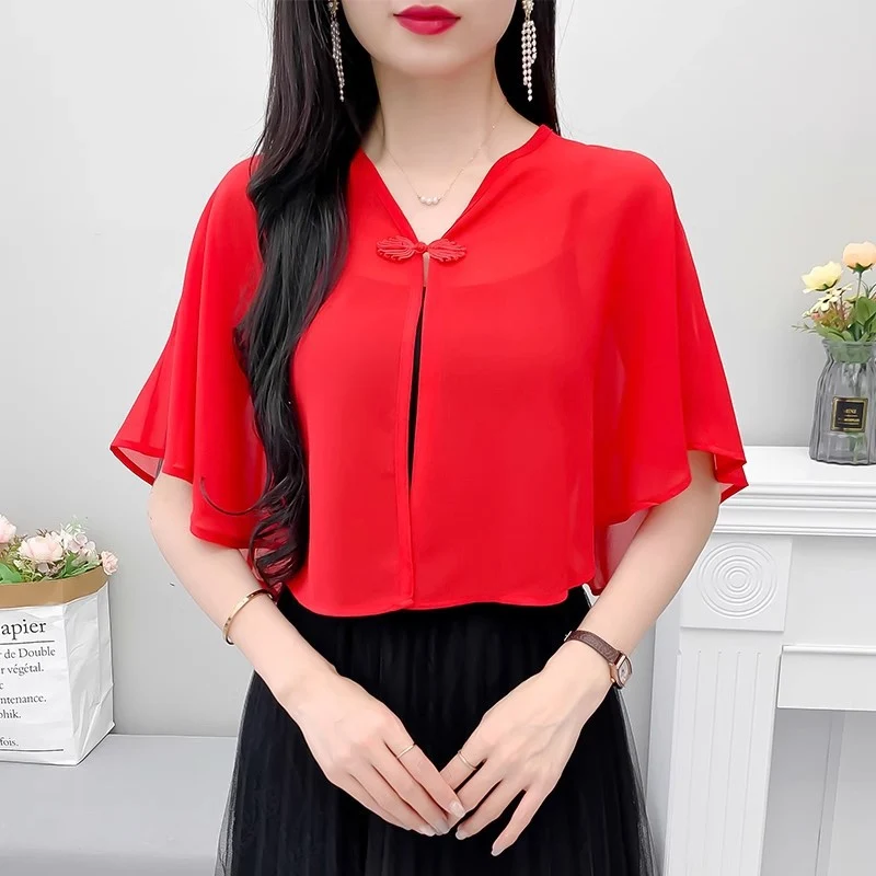 Thin Small Shawl Summer Dress with Sling Skirt Air-conditioning Shirt Women's Cardigan Outer Chiffon Ethnic Style Silver Buckle Small Coat
