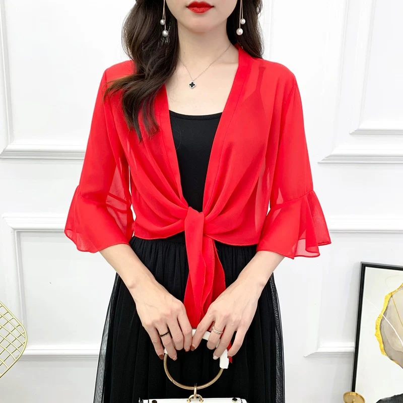 Sunscreen Cardigan Women's Spring and Summer Shawl Outer Blouse Thin Jacket with Sling Skirt Chiffon Small Waistcoat