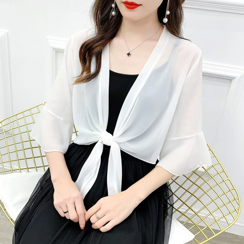 Sunscreen Cardigan Women's Spring and Summer Shawl Outer Blouse Thin Jacket with Sling Skirt Chiffon Small Waistcoat