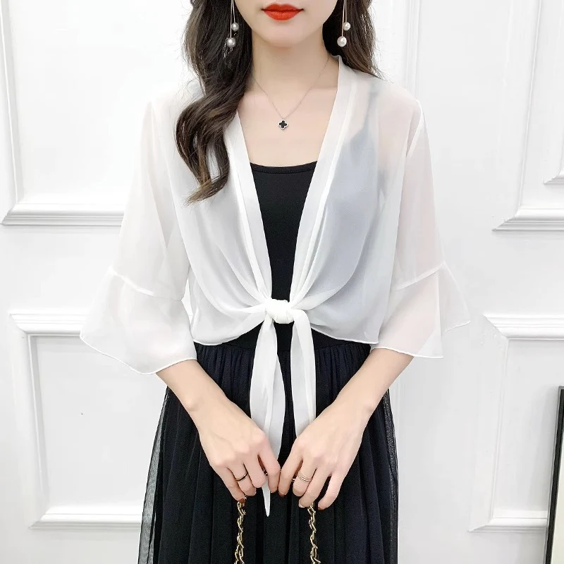 Sunscreen Cardigan Women's Spring and Summer Shawl Outer Blouse Thin Jacket with Sling Skirt Chiffon Small Waistcoat