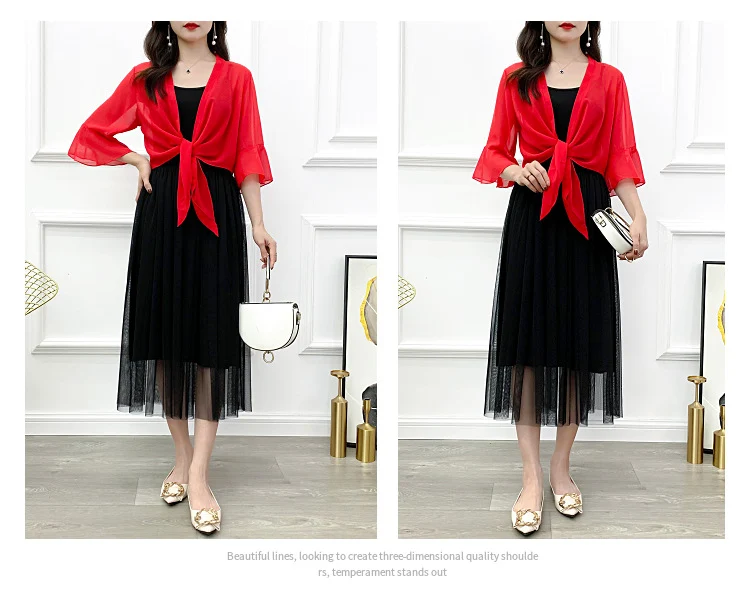Sunscreen Cardigan Women's Spring and Summer Shawl Outer Blouse Thin Jacket with Sling Skirt Chiffon Small Waistcoat
