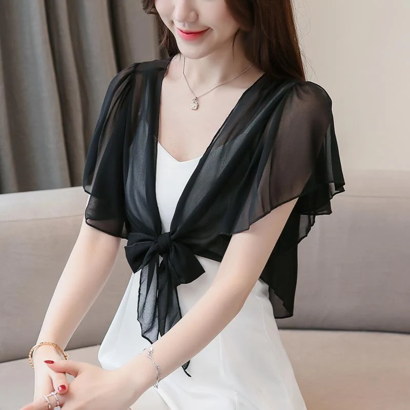 Sunscreen Cardigan Women's Spring and Summer Shawl Outer Blouse Thin Jacket with Sling Skirt Chiffon Small Waistcoat