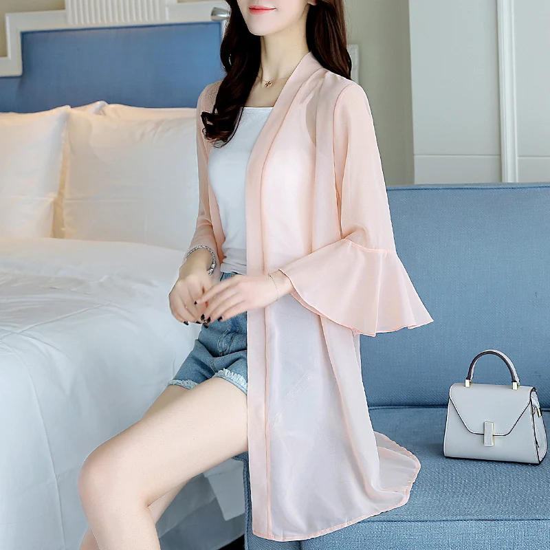 Sunscreen Cardigan Women's Spring and Summer Shawl Outer Blouse Thin Jacket with Sling Skirt Chiffon Small Waistcoat