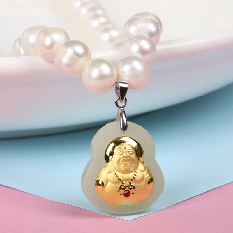 8-9 Natural Freshwater Pearl Necklace, Gold-Inlaid Jade Small Buddha Jade Necklace, Gift for Mom on Mother's Day