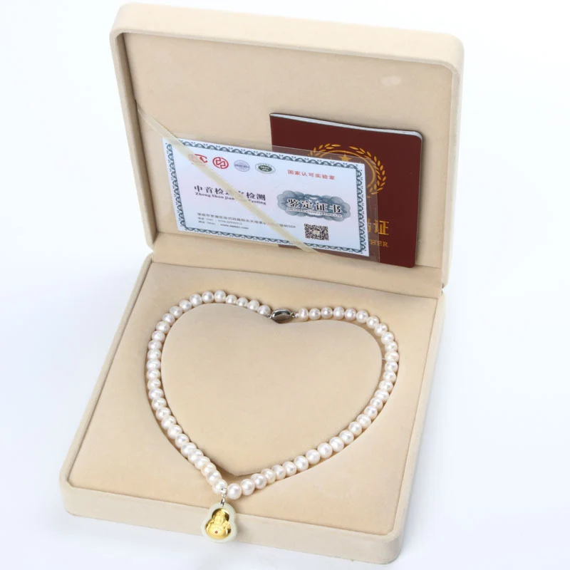 8-9 Natural Freshwater Pearl Necklace, Gold-Inlaid Jade Small Buddha Jade Necklace, Gift for Mom on Mother's Day