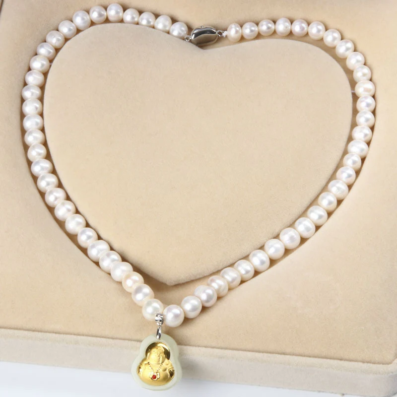 8-9 Natural Freshwater Pearl Necklace, Gold-Inlaid Jade Small Buddha Jade Necklace, Gift for Mom on Mother's Day
