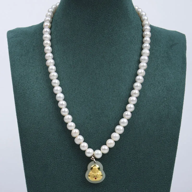 8-9 Natural Freshwater Pearl Necklace, Gold-Inlaid Jade Small Buddha Jade Necklace, Gift for Mom on Mother's Day