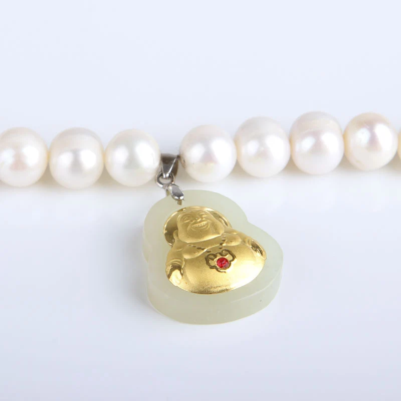 8-9 Natural Freshwater Pearl Necklace, Gold-Inlaid Jade Small Buddha Jade Necklace, Gift for Mom on Mother's Day