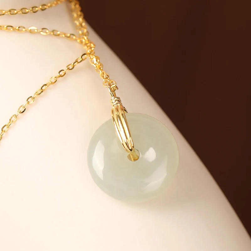 S925 Sterling Silver Clavicle Necklace Women's New Chinoiserie Natural Hetian Jade Safety Buckle Pendant Retro Accessible Luxury Simple Accessories