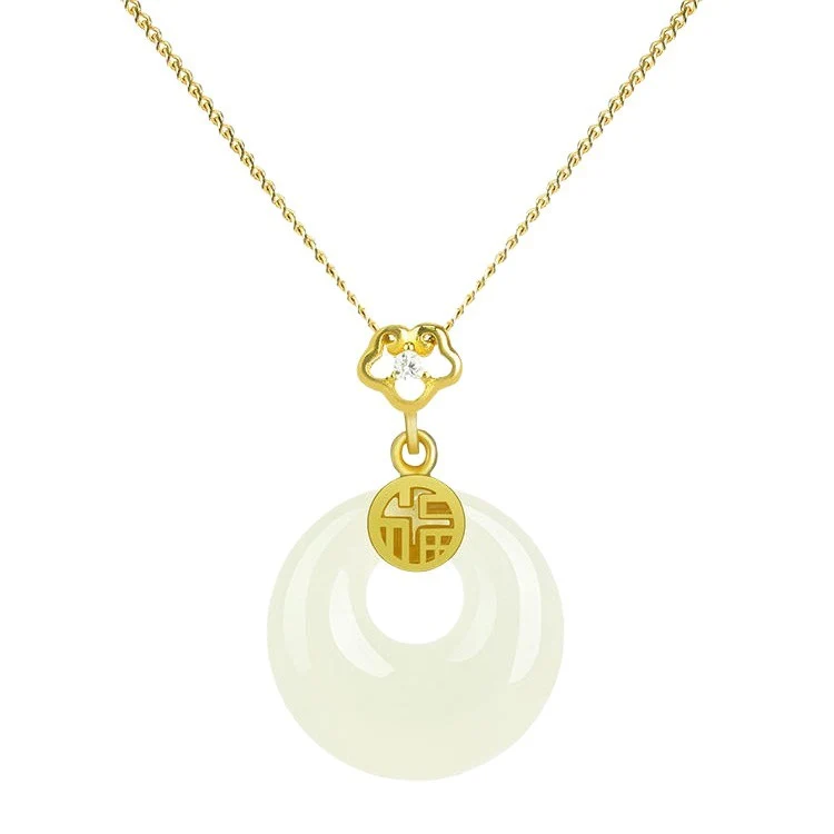 S925 Sterling Silver Hetian Jade Necklace for Women, Chinese Style with the Character for Fortune, Versatile Light Luxury Collarbone Chain, Elegant Gift Accessory, Jade