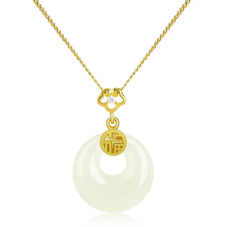 S925 Sterling Silver Hetian Jade Necklace for Women, Chinese Style with the Character for Fortune, Versatile Light Luxury Collarbone Chain, Elegant Gift Accessory, Jade