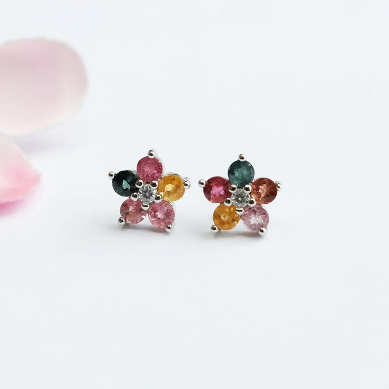 Guan Yu S925 Silver Needle Natural Tourmaline Earrings Flower Ear Hooks Gemstone Factory Wholesale Dropshipping S2053101