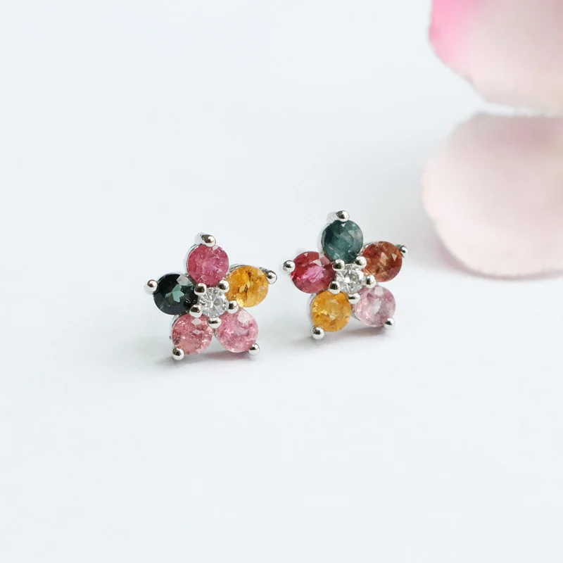 Guan Yu S925 Silver Needle Natural Tourmaline Earrings Flower Ear Hooks Gemstone Factory Wholesale Dropshipping S2053101