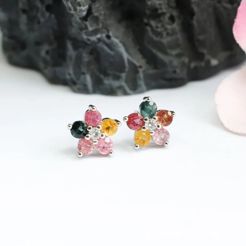 Guan Yu S925 Silver Needle Natural Tourmaline Earrings Flower Ear Hooks Gemstone Factory Wholesale Dropshipping S2053101
