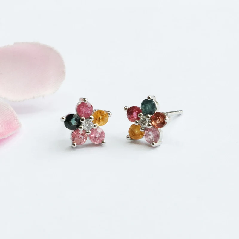 Guan Yu S925 Silver Needle Natural Tourmaline Earrings Flower Ear Hooks Gemstone Factory Wholesale Dropshipping S2053101