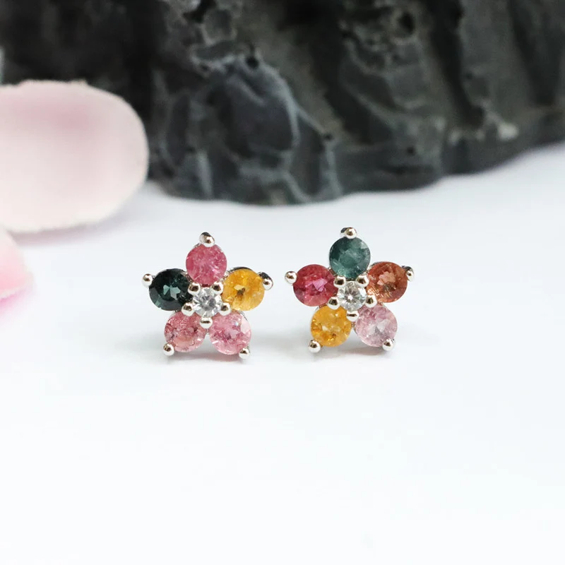 Guan Yu S925 Silver Needle Natural Tourmaline Earrings Flower Ear Hooks Gemstone Factory Wholesale Dropshipping S2053101