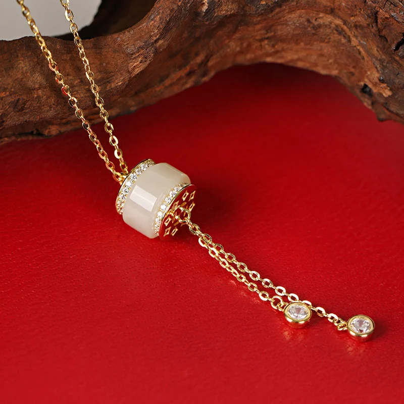 Source Factory S925 Sterling Silver Necklace Hetian Jade Passepartout Small Waist Tassel Pendant Summer Light Luxury Niche Accessories