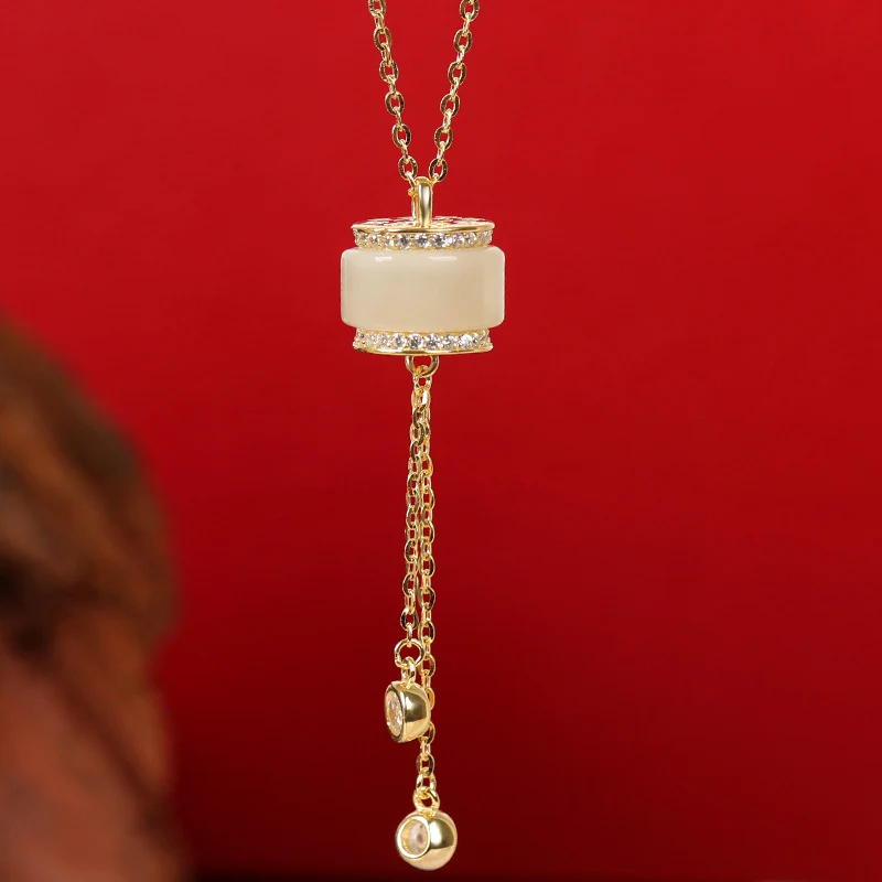 Source Factory S925 Sterling Silver Necklace Hetian Jade Passepartout Small Waist Tassel Pendant Summer Light Luxury Niche Accessories