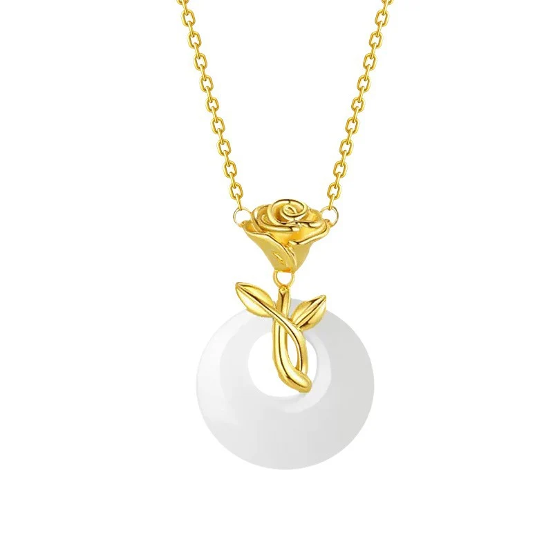 Classic S925 Sterling Silver Necklace for Women, New Chinoiserie Rose and Field Jade Pendant, Simple Accessible Luxury Niche Accessories