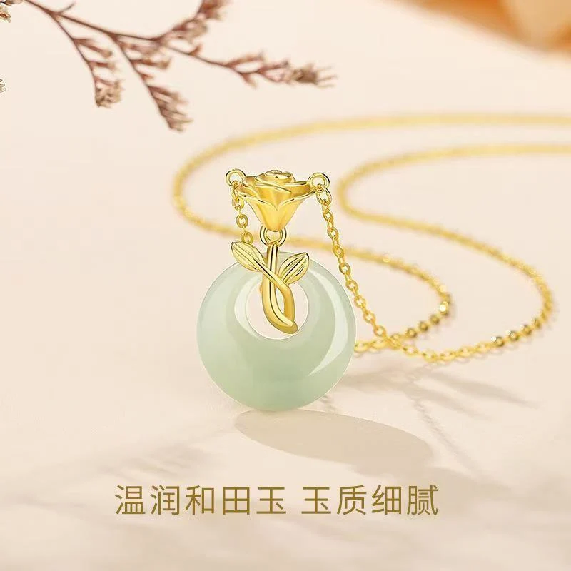Classic S925 Sterling Silver Necklace for Women, New Chinoiserie Rose and Field Jade Pendant, Simple Accessible Luxury Niche Accessories