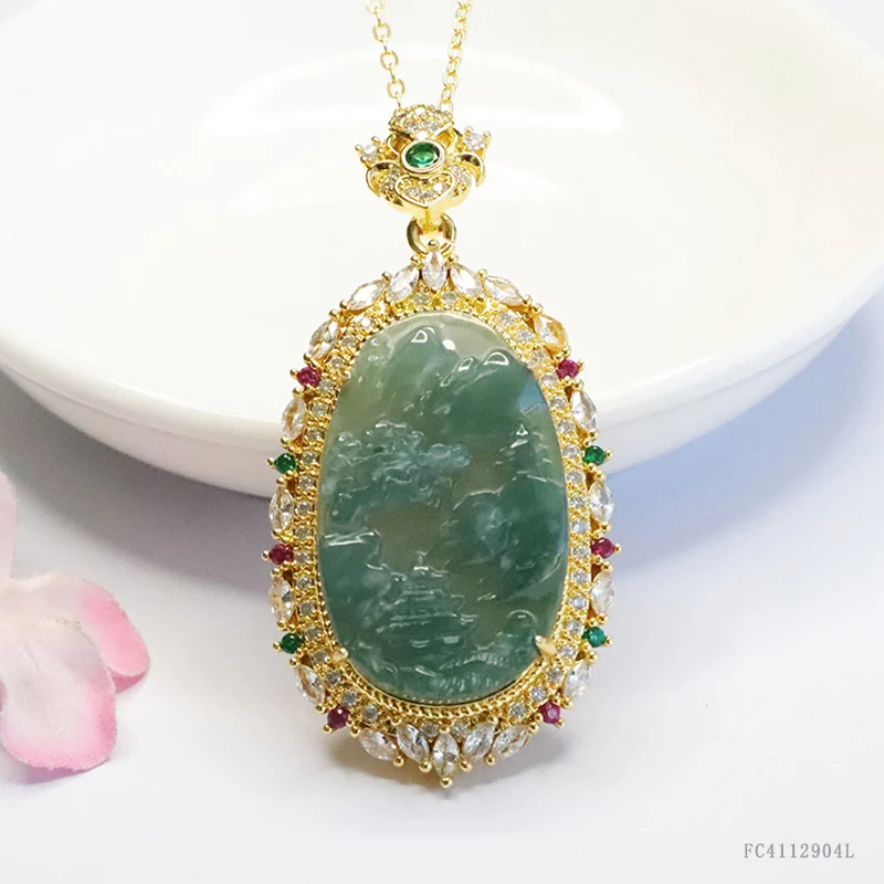 Guan Yu Natural Grade a Jadeite Blue Water Landscape Brand Inlaid Pendant Necklace Jewelry Live Streaming Kuaishou S4112904L