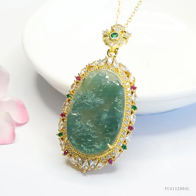 Guan Yu Natural Grade a Jadeite Blue Water Landscape Brand Inlaid Pendant Necklace Jewelry Live Streaming Kuaishou S4112904L