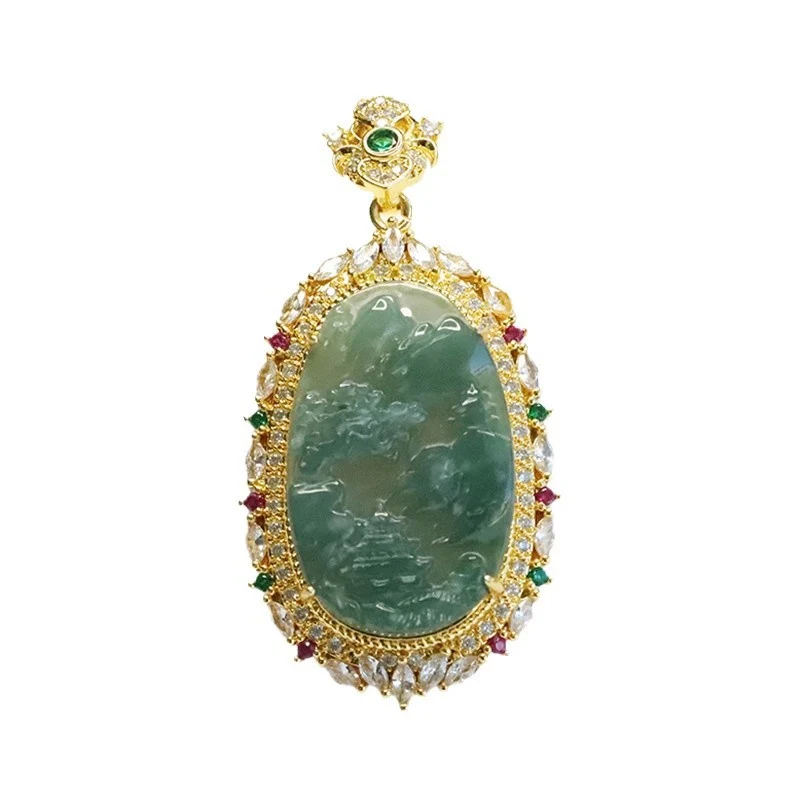 Guan Yu Natural Grade a Jadeite Blue Water Landscape Brand Inlaid Pendant Necklace Jewelry Live Streaming Kuaishou S4112904L