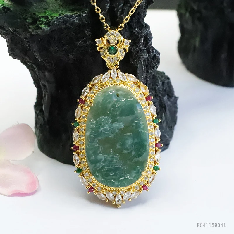 Guan Yu Natural Grade a Jadeite Blue Water Landscape Brand Inlaid Pendant Necklace Jewelry Live Streaming Kuaishou S4112904L