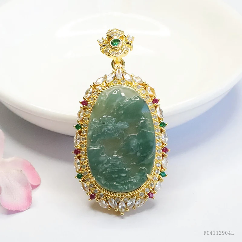 Guan Yu Natural Grade a Jadeite Blue Water Landscape Brand Inlaid Pendant Necklace Jewelry Live Streaming Kuaishou S4112904L