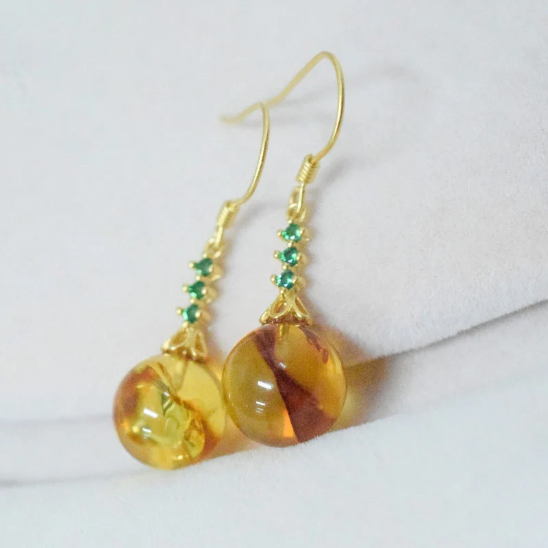 Amber Beeswax Earrings Light Luxury High-end Women's Earrings New Chinese Style National Style Ear Studs Popular Style Natural Real Jewelry