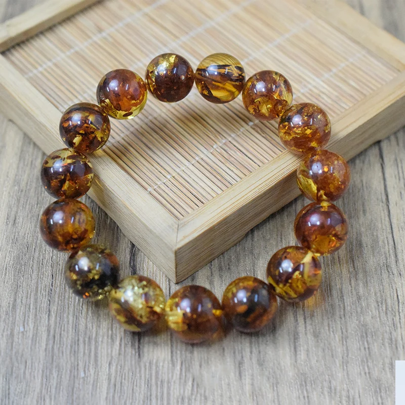 Natural Raw Ore Baltic Unoptimized Amber Flower Perer Round Bead Bracelet Large Golden Flower Popcorn Clear Water
