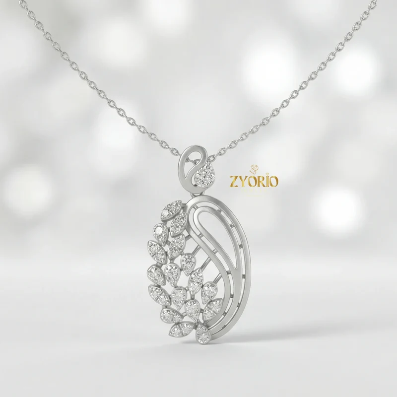Gold Plated Link Chain Paisley Leaf Diamond Pendant with Sparkling Elegant Nature for Engagement Wedding Anniversary