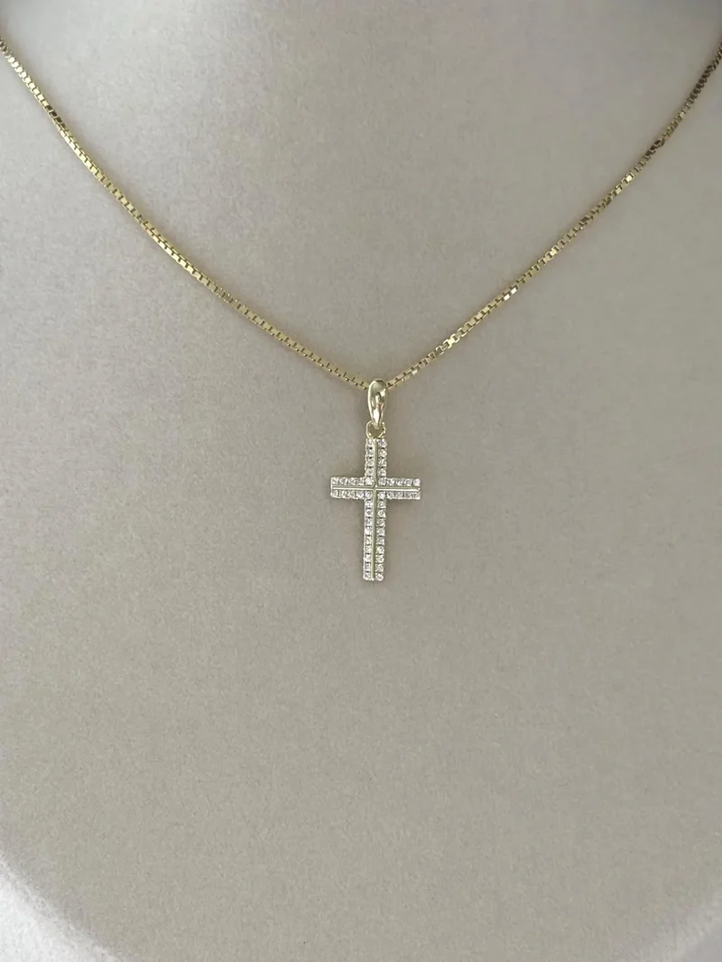 Great Gems Dainty 0.20ctw Moissanite Cross Necklace Pave Diamond Charm Sterling Silver Yellow Gold Plated Christian Religious
