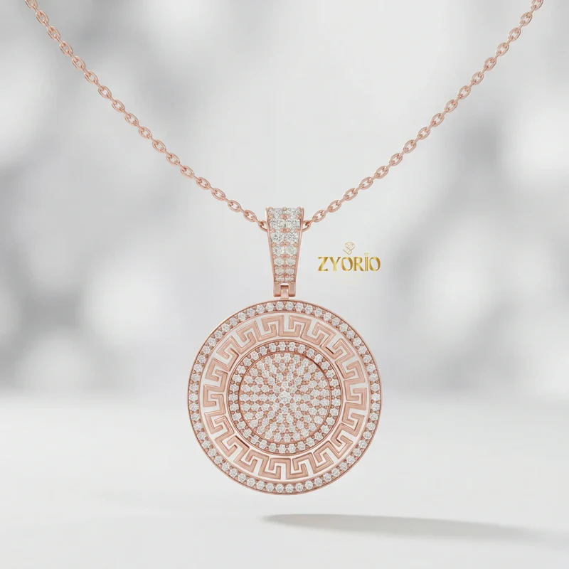 Gold Plated Greek Key Diamond Medallion Link Chain Pendant Luxury Engagement Wedding Anniversary Party Jewelry