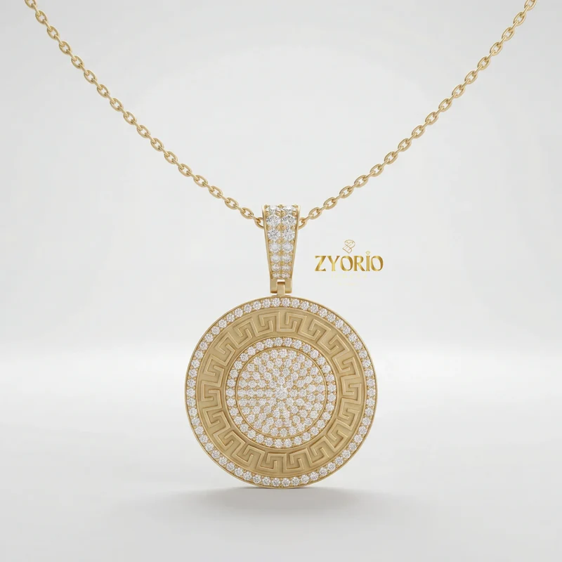 Gold Plated Greek Key Diamond Medallion Link Chain Pendant Luxury Engagement Wedding Anniversary Party Jewelry